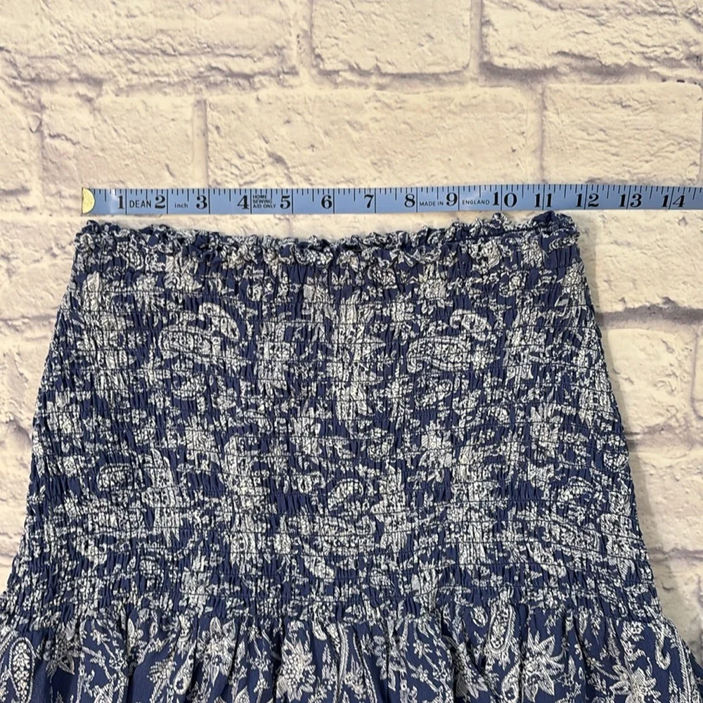 Ann Taylor Smocked Waist Skirt Blue and White Floral Paisley Ruffle Petite Small